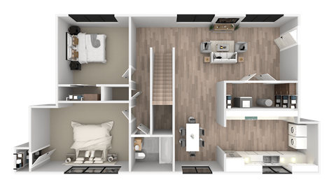 a 3d rendering of a floor plan with a bedroom and a bathroom
